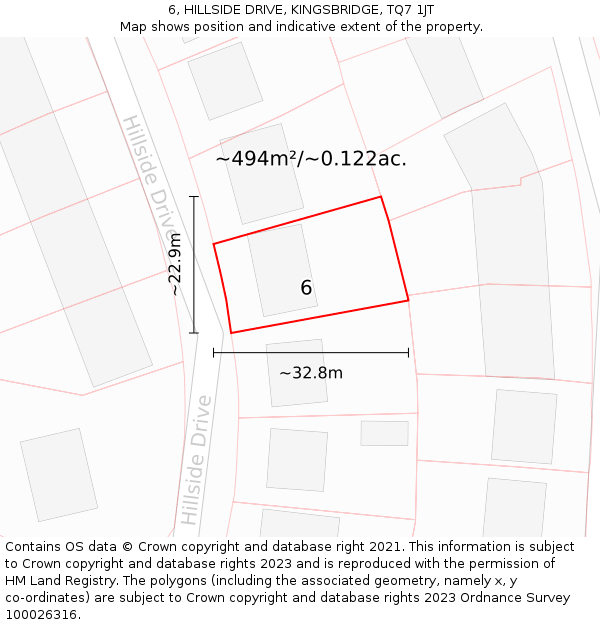 6, HILLSIDE DRIVE, KINGSBRIDGE, TQ7 1JT: Plot and title map