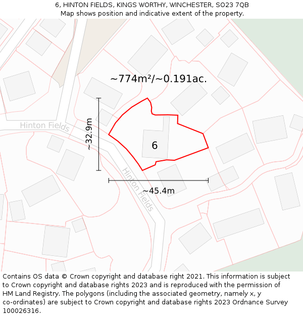 6, HINTON FIELDS, KINGS WORTHY, WINCHESTER, SO23 7QB: Plot and title map