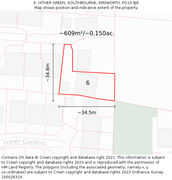 6, HITHER GREEN, SOUTHBOURNE, EMSWORTH, PO10 8JA: Plot and title map