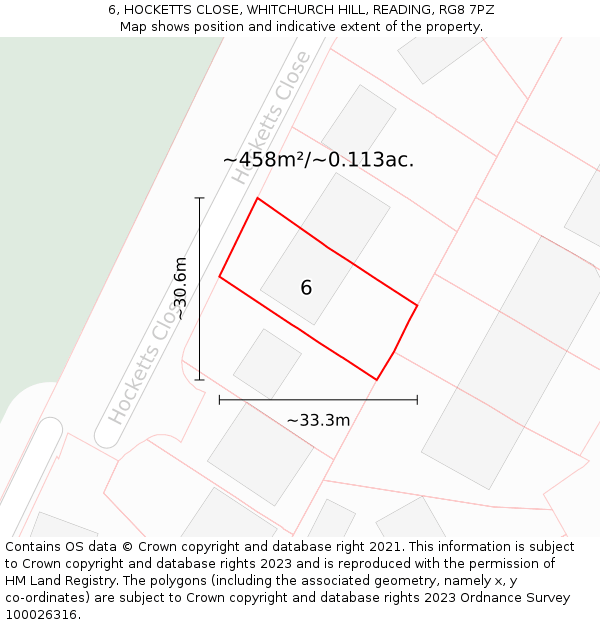 6, HOCKETTS CLOSE, WHITCHURCH HILL, READING, RG8 7PZ: Plot and title map