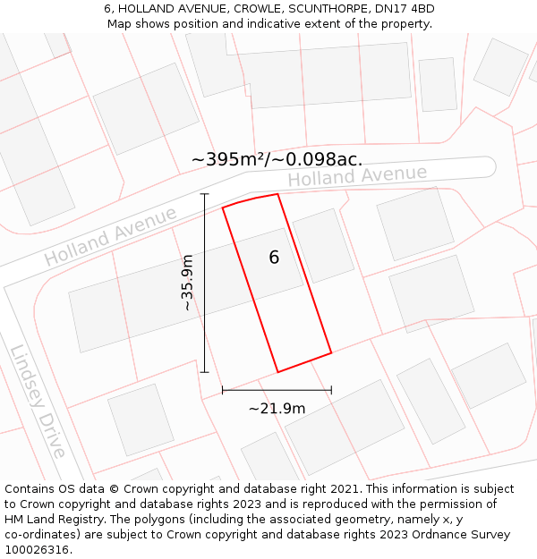 6, HOLLAND AVENUE, CROWLE, SCUNTHORPE, DN17 4BD: Plot and title map