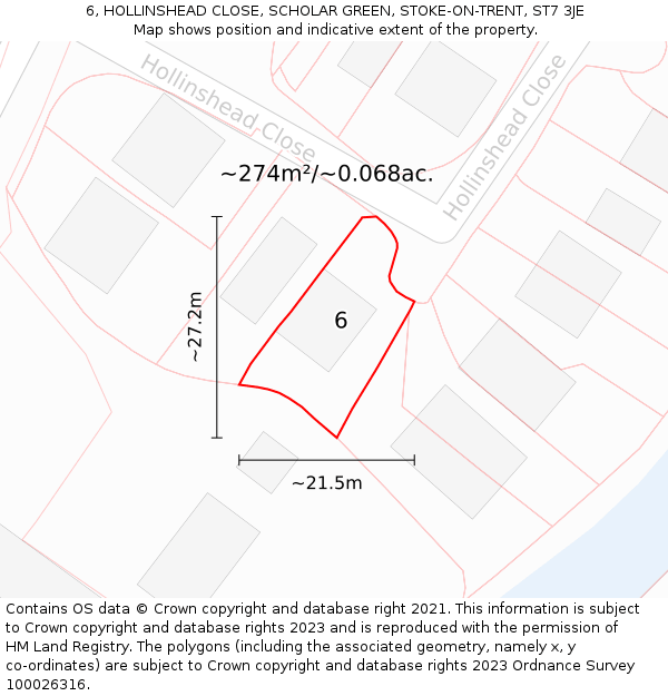 6, HOLLINSHEAD CLOSE, SCHOLAR GREEN, STOKE-ON-TRENT, ST7 3JE: Plot and title map