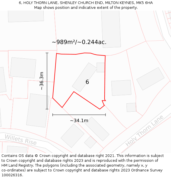 6, HOLY THORN LANE, SHENLEY CHURCH END, MILTON KEYNES, MK5 6HA: Plot and title map