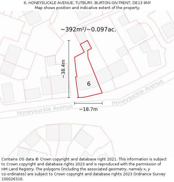 6, HONEYSUCKLE AVENUE, TUTBURY, BURTON-ON-TRENT, DE13 9NY: Plot and title map