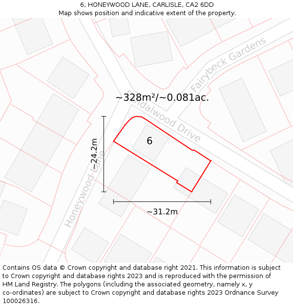 6, HONEYWOOD LANE, CARLISLE, CA2 6DD: Plot and title map