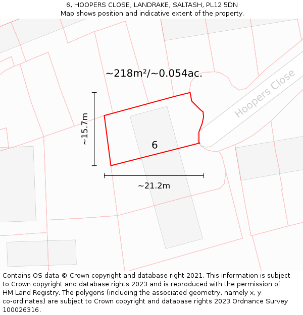 6, HOOPERS CLOSE, LANDRAKE, SALTASH, PL12 5DN: Plot and title map