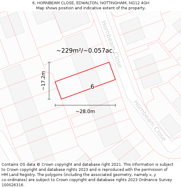 6, HORNBEAM CLOSE, EDWALTON, NOTTINGHAM, NG12 4GH: Plot and title map