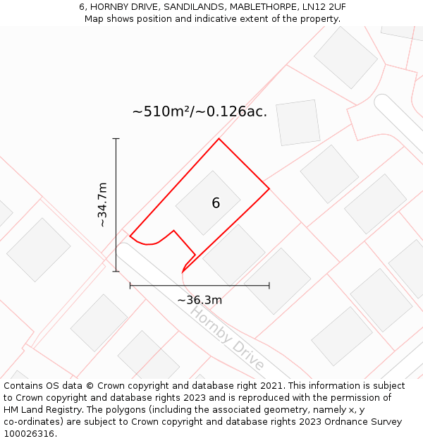 6, HORNBY DRIVE, SANDILANDS, MABLETHORPE, LN12 2UF: Plot and title map