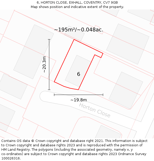 6, HORTON CLOSE, EXHALL, COVENTRY, CV7 9GB: Plot and title map