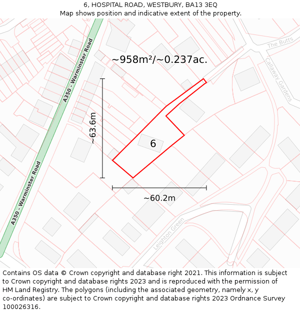 6, HOSPITAL ROAD, WESTBURY, BA13 3EQ: Plot and title map