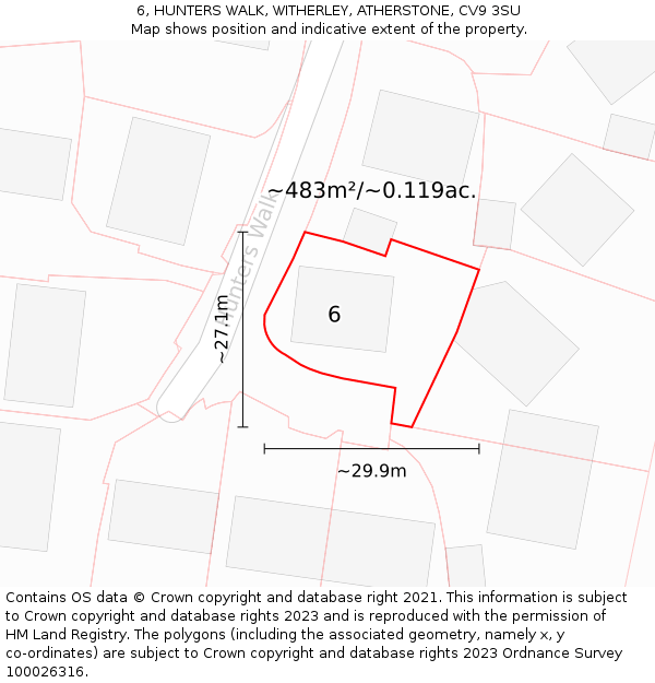 6, HUNTERS WALK, WITHERLEY, ATHERSTONE, CV9 3SU: Plot and title map