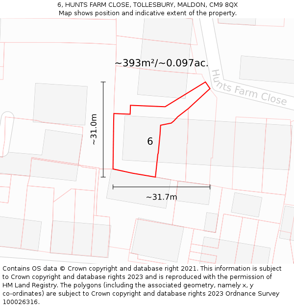 6, HUNTS FARM CLOSE, TOLLESBURY, MALDON, CM9 8QX: Plot and title map