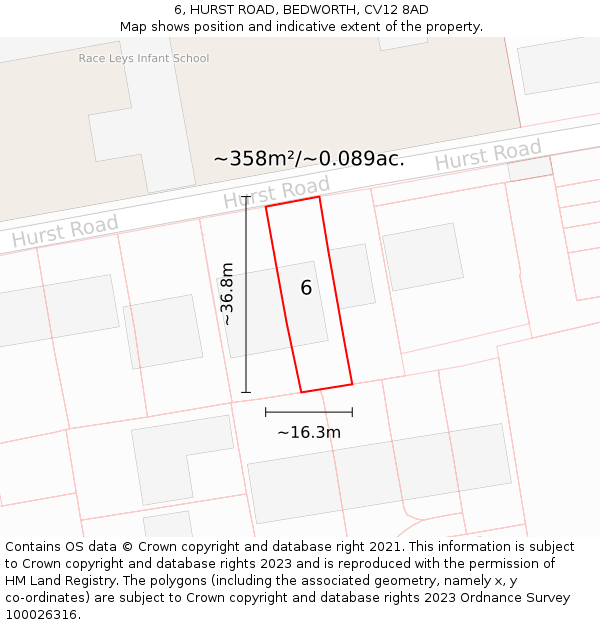 6, HURST ROAD, BEDWORTH, CV12 8AD: Plot and title map