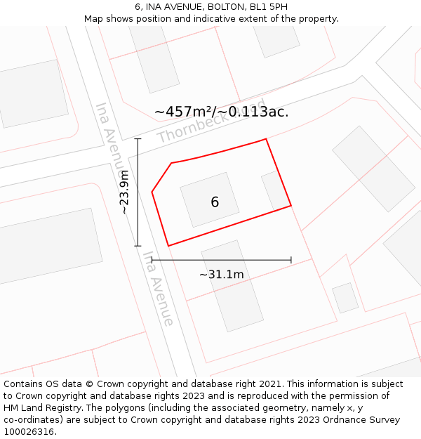 6, INA AVENUE, BOLTON, BL1 5PH: Plot and title map