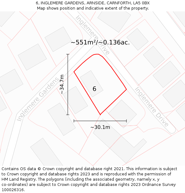 6, INGLEMERE GARDENS, ARNSIDE, CARNFORTH, LA5 0BX: Plot and title map