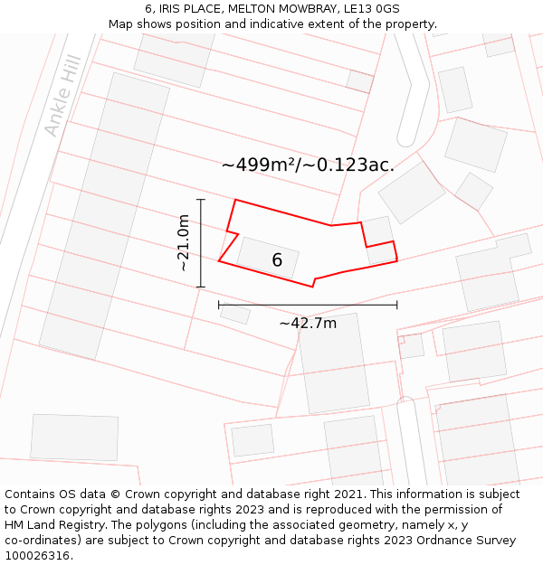 6, IRIS PLACE, MELTON MOWBRAY, LE13 0GS: Plot and title map