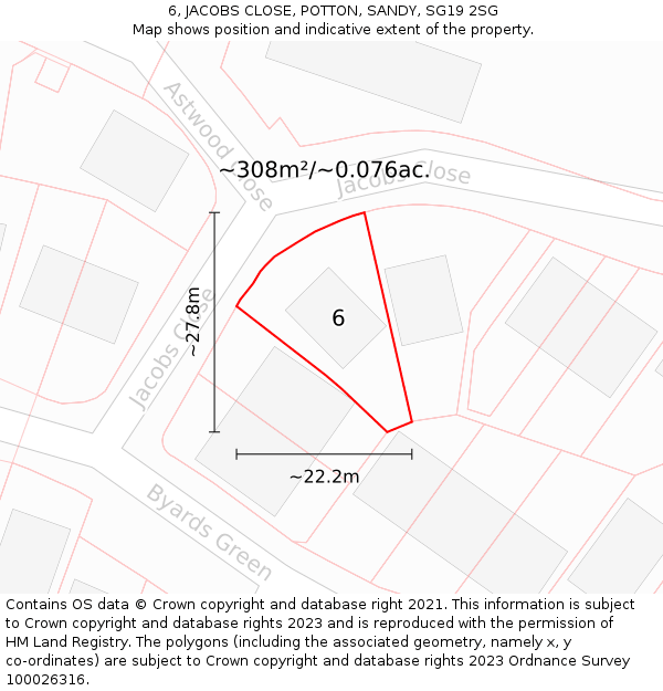 6, JACOBS CLOSE, POTTON, SANDY, SG19 2SG: Plot and title map