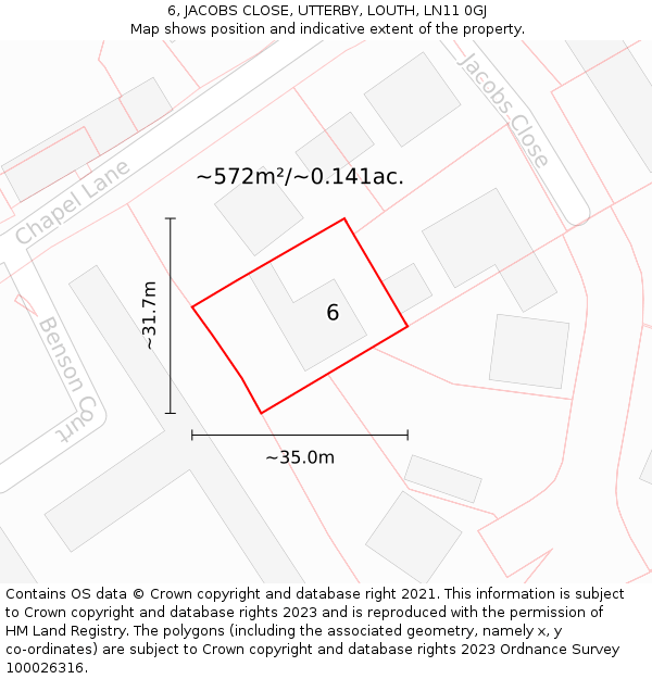 6, JACOBS CLOSE, UTTERBY, LOUTH, LN11 0GJ: Plot and title map