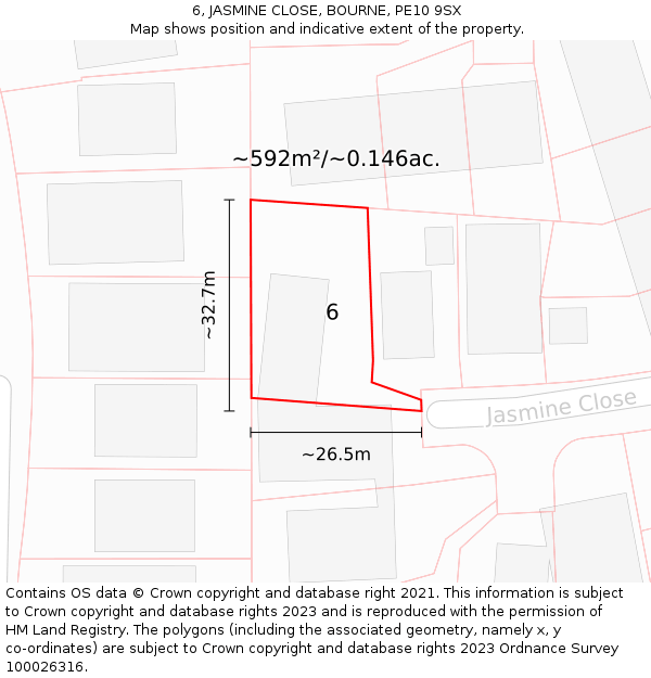 6, JASMINE CLOSE, BOURNE, PE10 9SX: Plot and title map