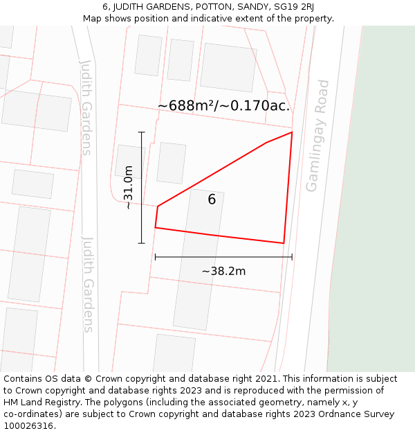 6, JUDITH GARDENS, POTTON, SANDY, SG19 2RJ: Plot and title map