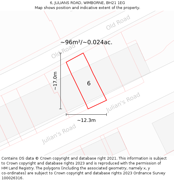 6, JULIANS ROAD, WIMBORNE, BH21 1EG: Plot and title map
