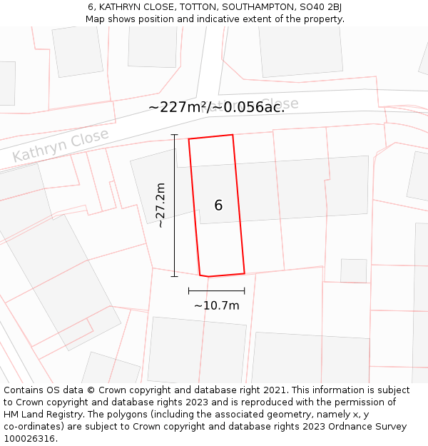 6, KATHRYN CLOSE, TOTTON, SOUTHAMPTON, SO40 2BJ: Plot and title map