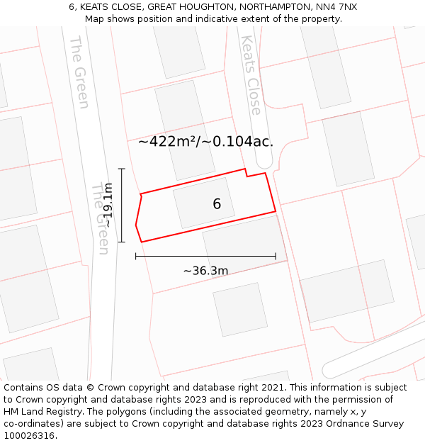 6, KEATS CLOSE, GREAT HOUGHTON, NORTHAMPTON, NN4 7NX: Plot and title map