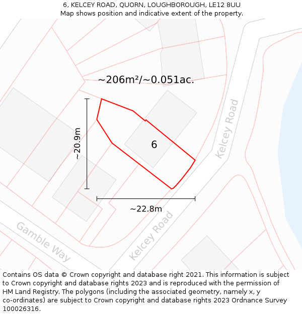 6, KELCEY ROAD, QUORN, LOUGHBOROUGH, LE12 8UU: Plot and title map