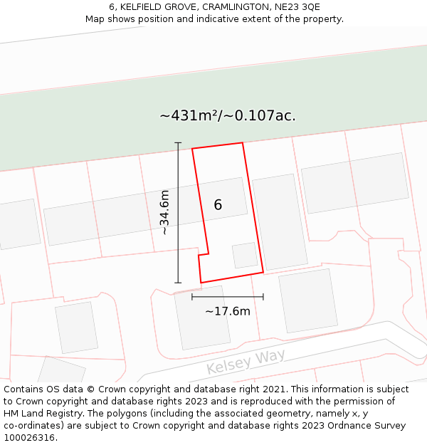 6, KELFIELD GROVE, CRAMLINGTON, NE23 3QE: Plot and title map