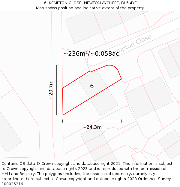 6, KEMPTON CLOSE, NEWTON AYCLIFFE, DL5 4YE: Plot and title map