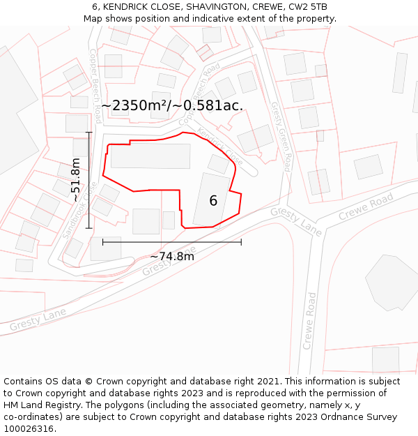 6, KENDRICK CLOSE, SHAVINGTON, CREWE, CW2 5TB: Plot and title map