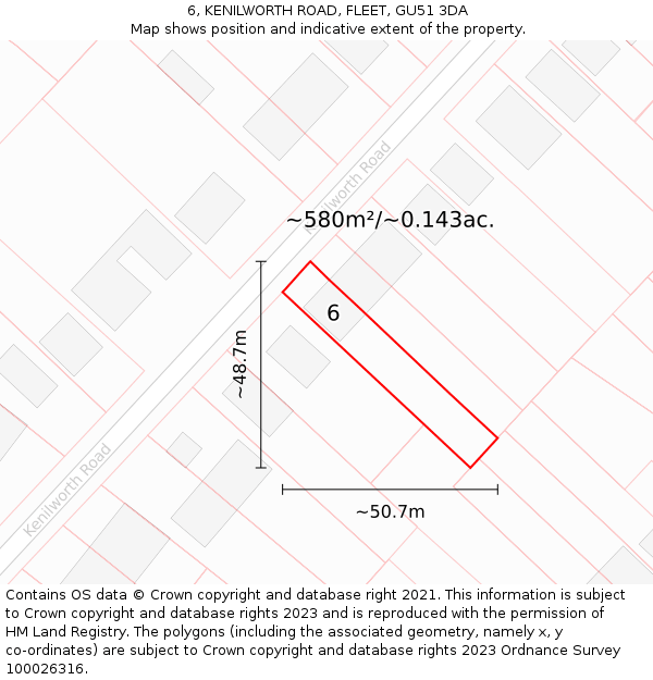 6, KENILWORTH ROAD, FLEET, GU51 3DA: Plot and title map