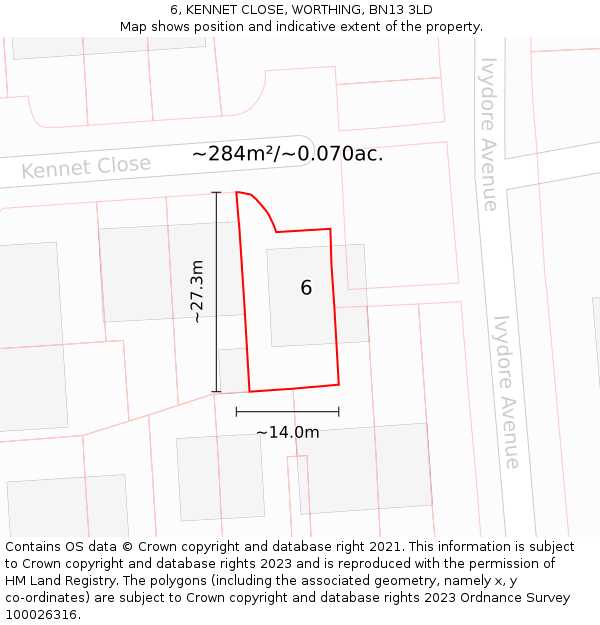 6, KENNET CLOSE, WORTHING, BN13 3LD: Plot and title map