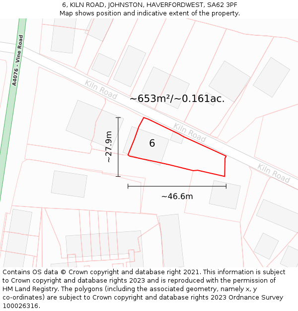 6, KILN ROAD, JOHNSTON, HAVERFORDWEST, SA62 3PF: Plot and title map