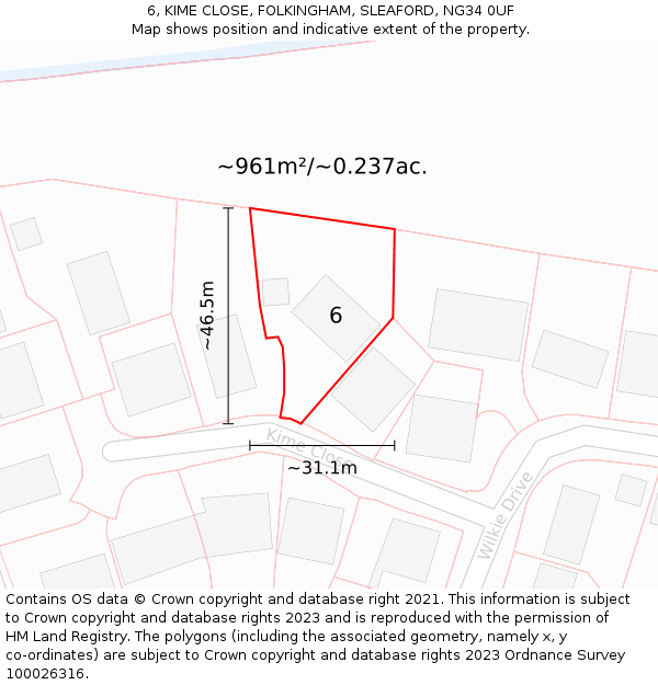 6, KIME CLOSE, FOLKINGHAM, SLEAFORD, NG34 0UF: Plot and title map