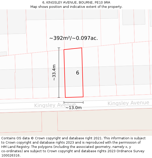 6, KINGSLEY AVENUE, BOURNE, PE10 9RA: Plot and title map