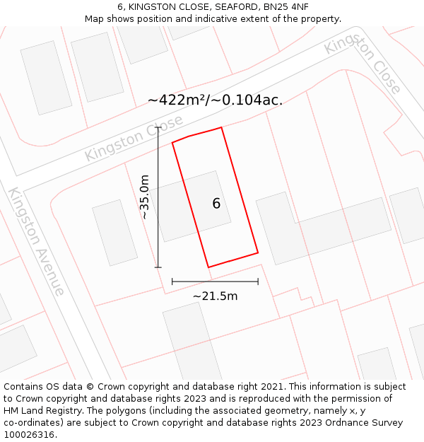 6, KINGSTON CLOSE, SEAFORD, BN25 4NF: Plot and title map