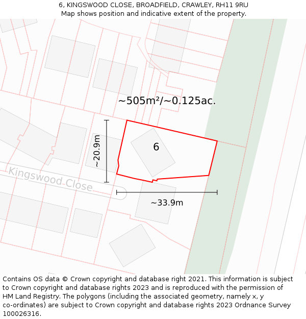 6, KINGSWOOD CLOSE, BROADFIELD, CRAWLEY, RH11 9RU: Plot and title map