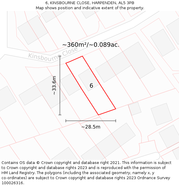 6, KINSBOURNE CLOSE, HARPENDEN, AL5 3PB: Plot and title map