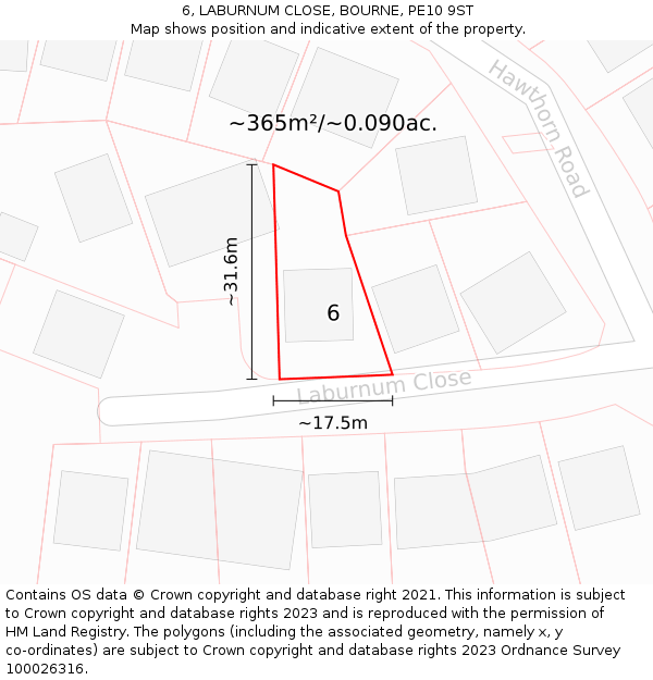 6, LABURNUM CLOSE, BOURNE, PE10 9ST: Plot and title map