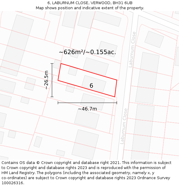 6, LABURNUM CLOSE, VERWOOD, BH31 6UB: Plot and title map