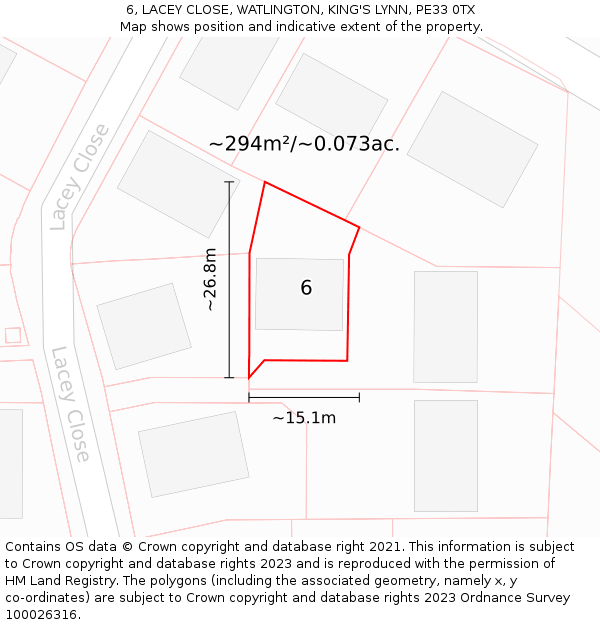 6, LACEY CLOSE, WATLINGTON, KING'S LYNN, PE33 0TX: Plot and title map