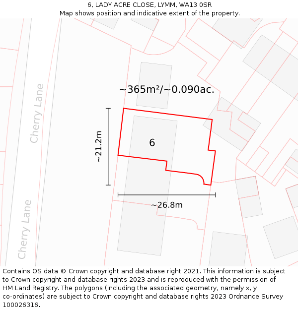 6, LADY ACRE CLOSE, LYMM, WA13 0SR: Plot and title map