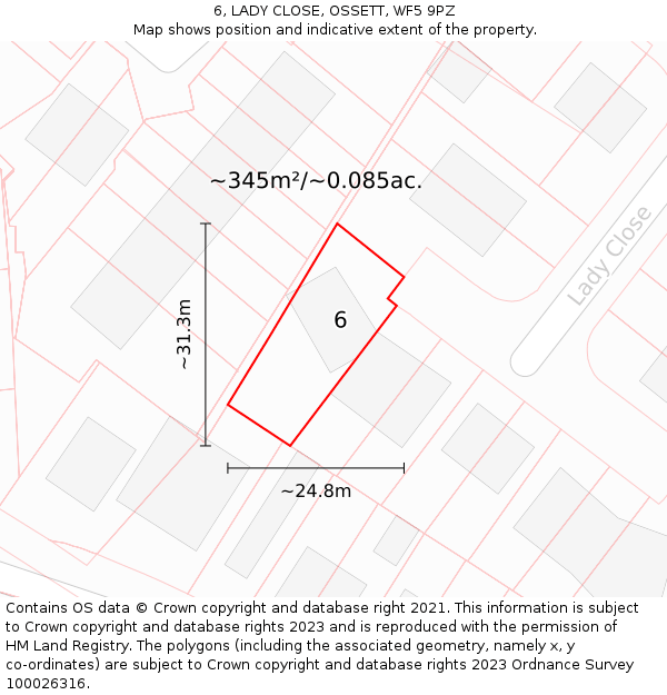 6, LADY CLOSE, OSSETT, WF5 9PZ: Plot and title map