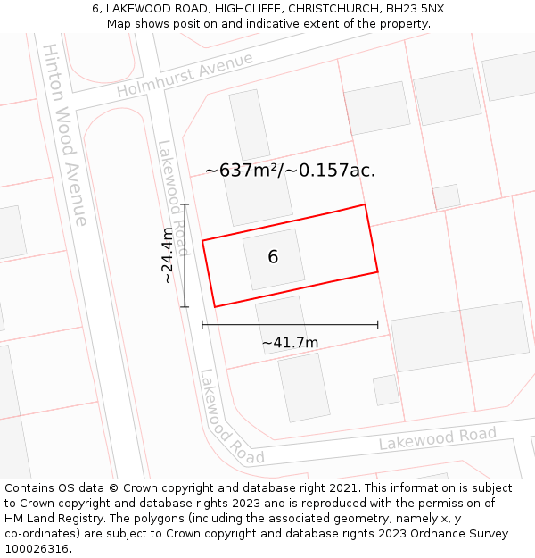 6, LAKEWOOD ROAD, HIGHCLIFFE, CHRISTCHURCH, BH23 5NX: Plot and title map