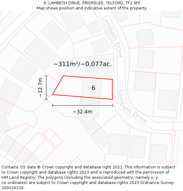 6, LAMBETH DRIVE, PRIORSLEE, TELFORD, TF2 9FF: Plot and title map