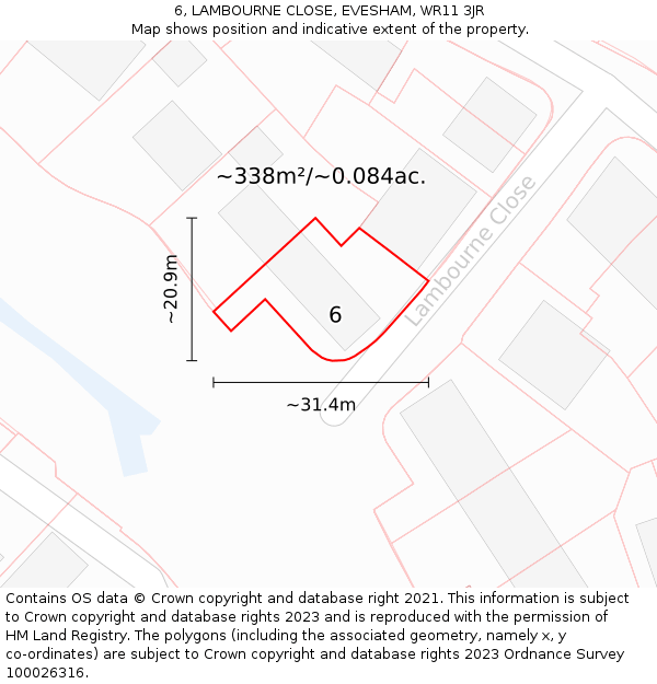 6, LAMBOURNE CLOSE, EVESHAM, WR11 3JR: Plot and title map