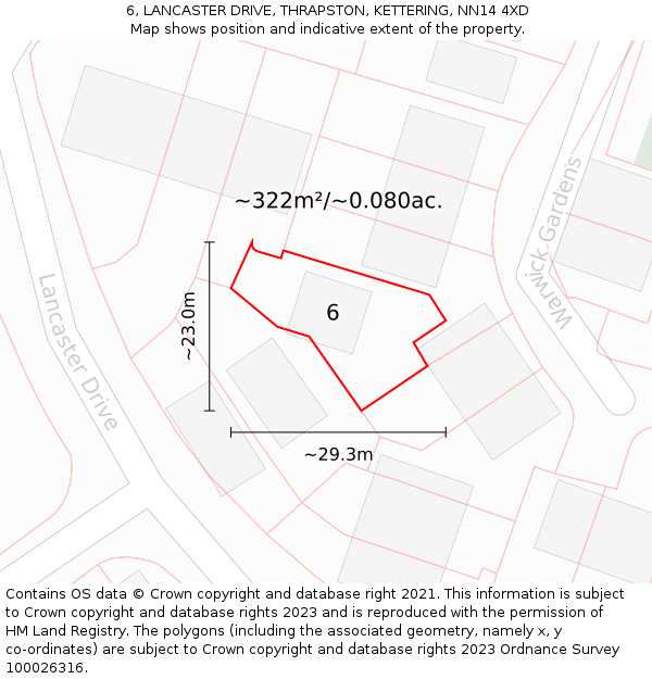 6, LANCASTER DRIVE, THRAPSTON, KETTERING, NN14 4XD: Plot and title map