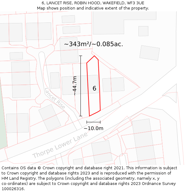 6, LANCET RISE, ROBIN HOOD, WAKEFIELD, WF3 3UE: Plot and title map