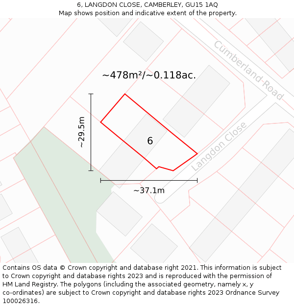 6, LANGDON CLOSE, CAMBERLEY, GU15 1AQ: Plot and title map